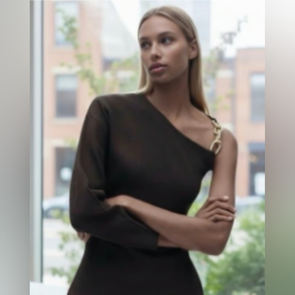 Zara Brown Asymmetrical One Shoulder Knit Sweater Top Gold Hardware M